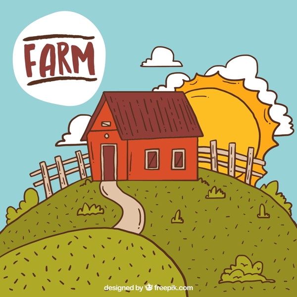 卡通农场房屋和太阳风景矢量素材
