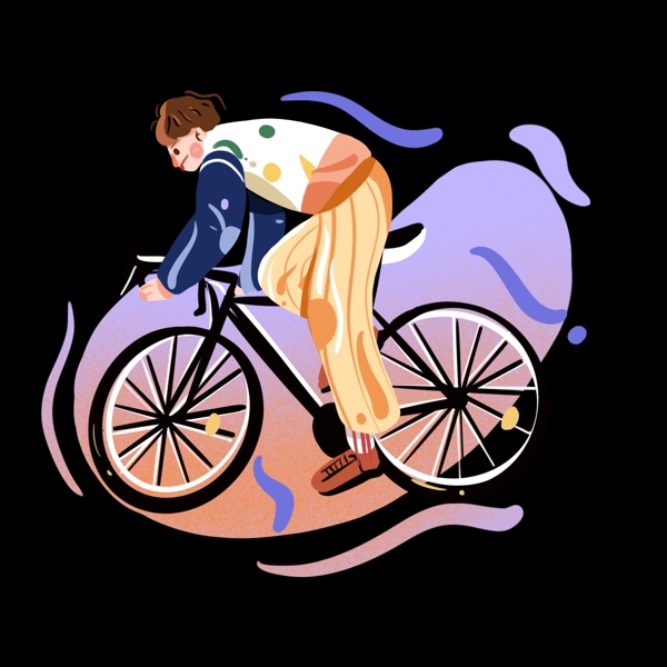 骑自行车的男孩彩色系韩系手绘插画png免抠素材