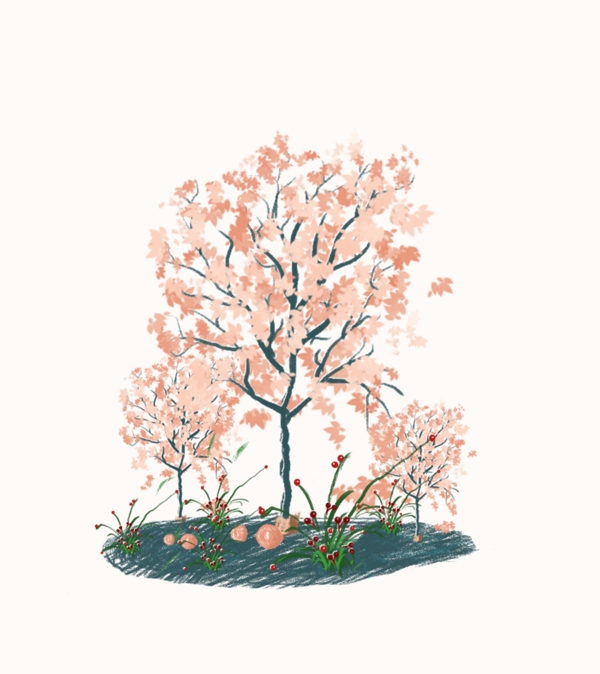 原创手绘树与花草