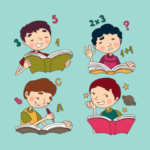 卡通儿童节看书学习的孩子