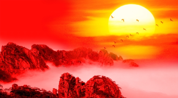 高山太阳红色背景