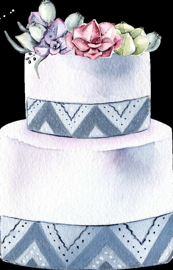 灰色花朵蛋糕水彩手绘透明素材