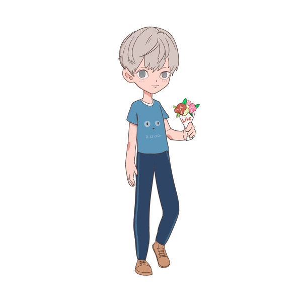 浪漫情人节拿着一束玫瑰花的男孩
