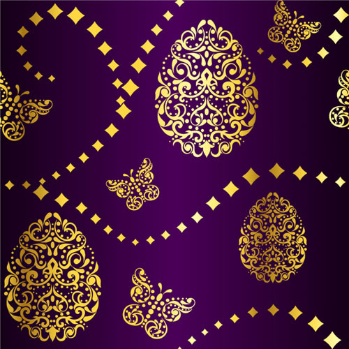 金色和紫色的复活节图案背景矢量01