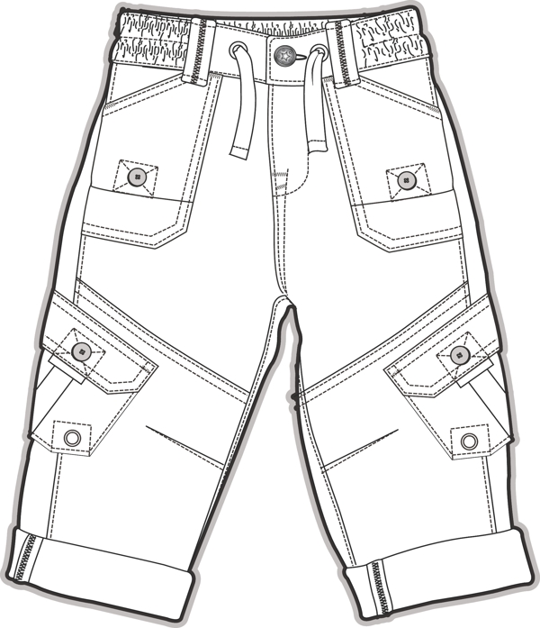 多口袋长裤小男孩服装设计线稿矢量素材