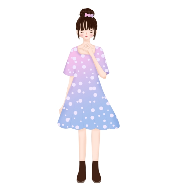 清新可爱穿着紫色连衣裙的女孩卡通设计