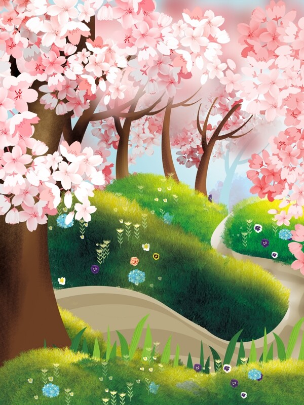 树林樱花背景手绘背景