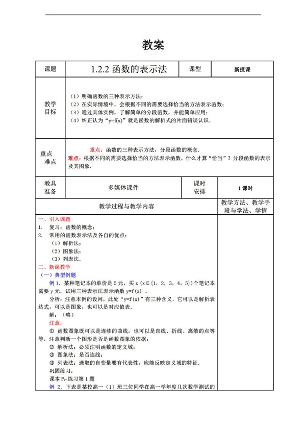 数学人教新课标A版1.2.2函数的表示法表格式教案