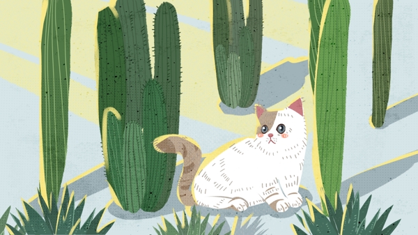 复古肌理萌宠系列猫和仙人掌插画