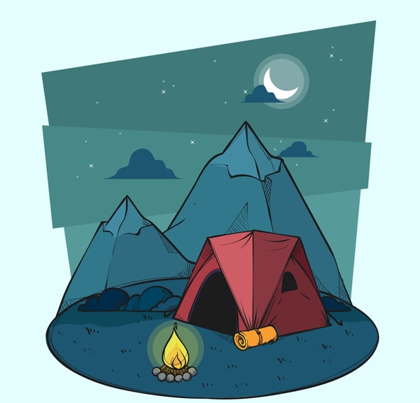 手绘夜里在山丘边搭帐篷篝火插画