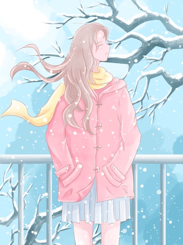 12月你好水彩插画雪中的长发女孩