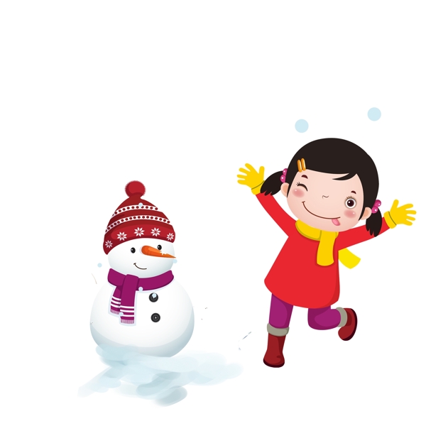 大雪中开心的女孩和雪人元素