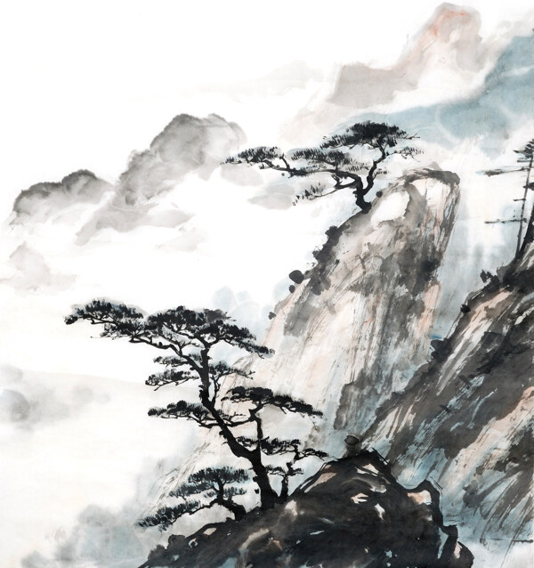 水墨松树高山云层图图片