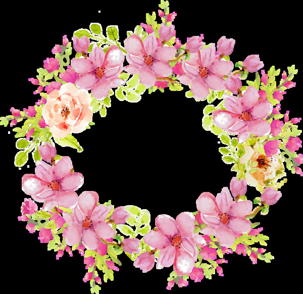 浪漫深粉色手绘花环装饰元素