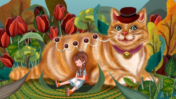 女孩与猫咪在树林午后看书阅读温馨奇幻花朵