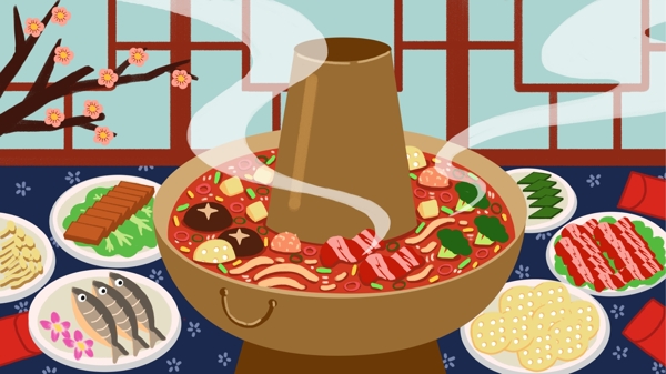 新年冬季美食火锅鱼肉五花肉梅花