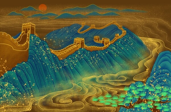长城水墨水彩国风传统背景素材