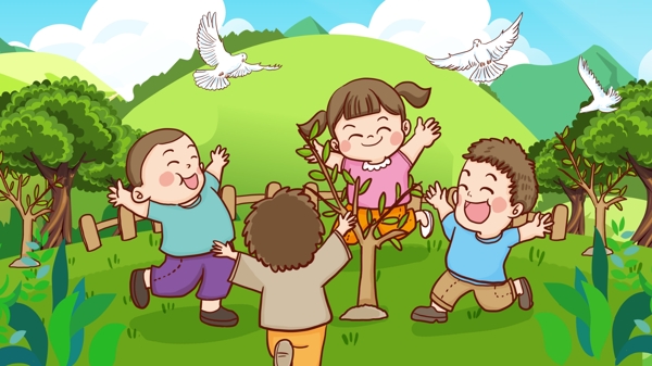 植树节孩子们围着新树欢快跳舞爱护树木插画