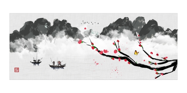 新中式写意大笔触板绘桃花横式装饰画