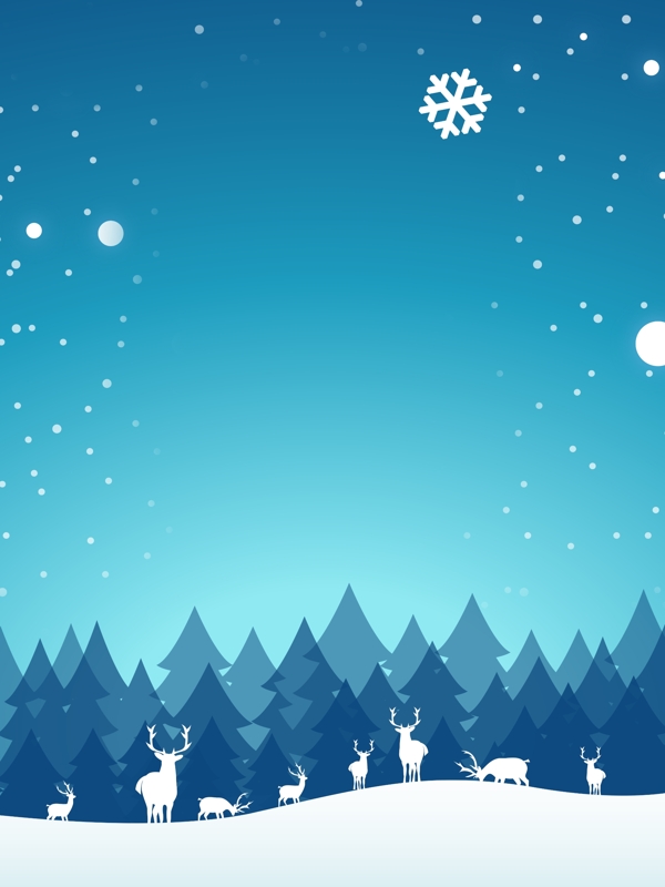 蓝色冬季下雪雪花树林背景