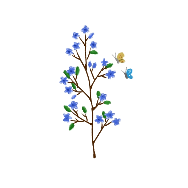 春天蓝色花朵的树枝和蝴蝶PNG