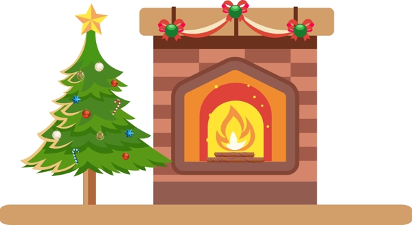 矢量手绘卡通圣诞树壁炉