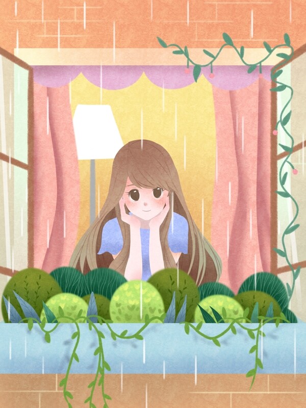 谷雨屋内看雨的少女插画