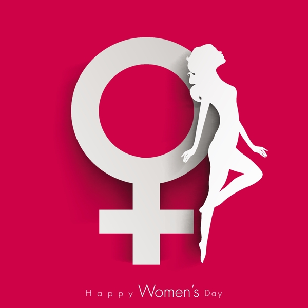 三八妇女节贺卡或海报以一个女人和女孩在红色背景上的白色剪影标志设计的舞姿
