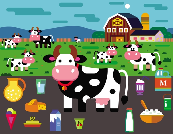 乳制品图标说明与牛在农场自由向量