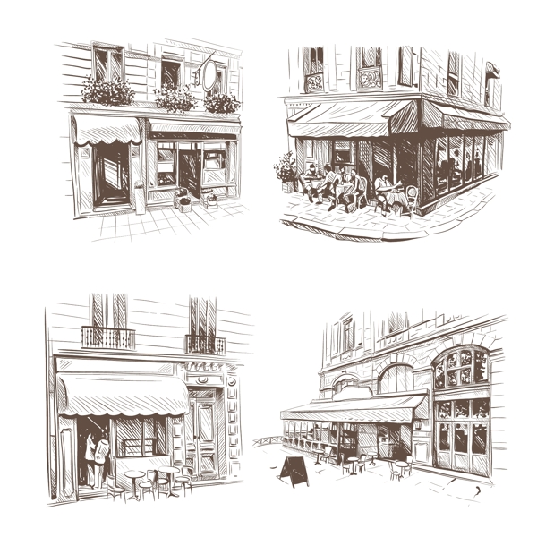 手绘街头咖啡厅建筑插画