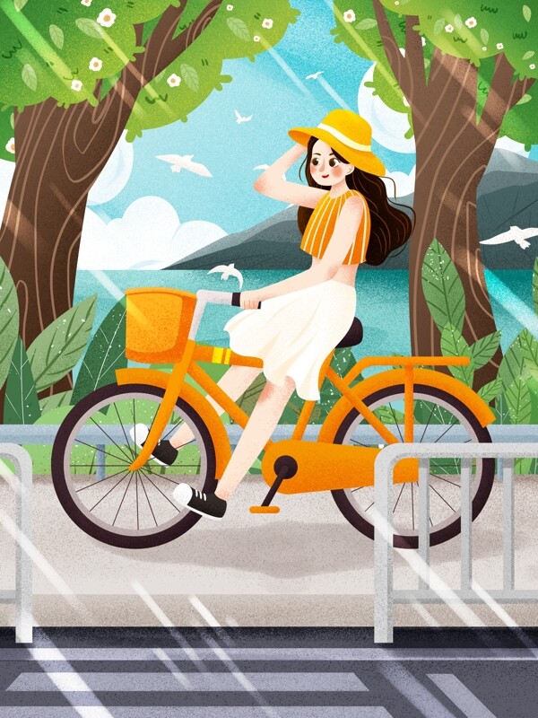 清新环保绿色出行骑自行车女孩插画