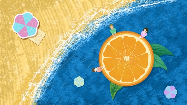夏天沙滩海洋柠檬游泳的人插画