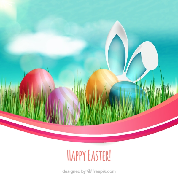 复活节卡片上有彩色的蛋和兔子耳朵