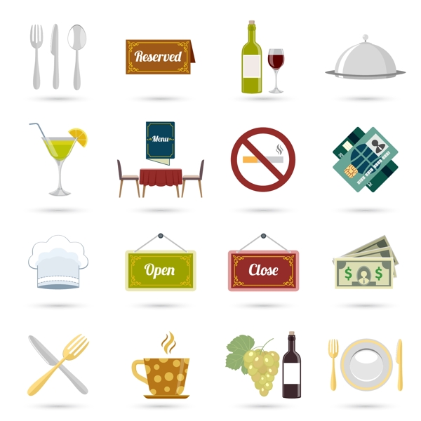 餐厅的食物烹饪和服务的图标集分离的矢量插画