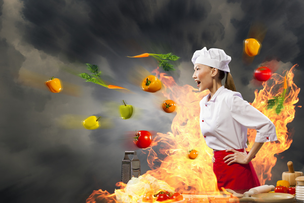 火焰蔬菜与美女厨师图片