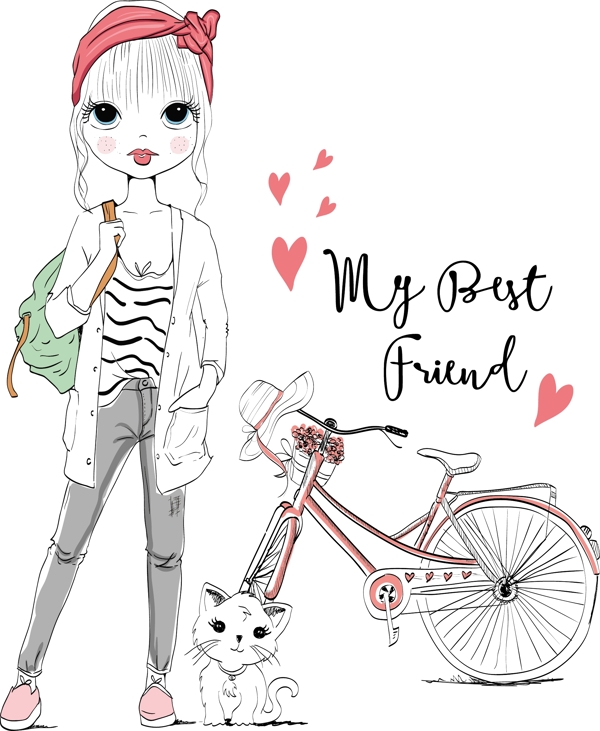 手绘少女和自行车插画