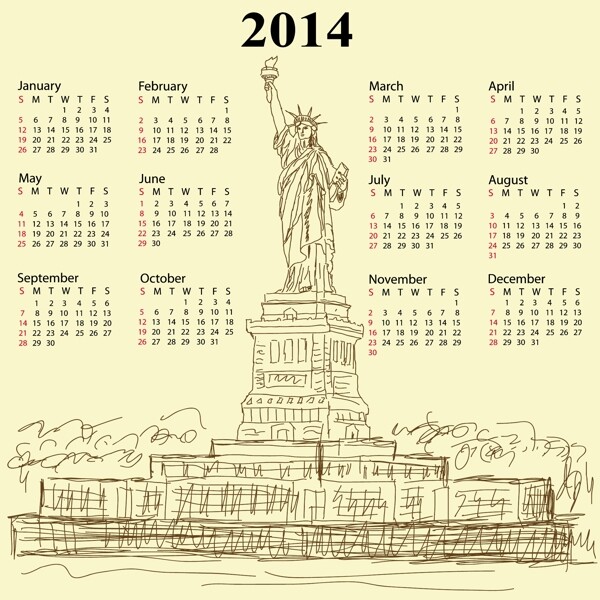 自由女神像2014年份的日历