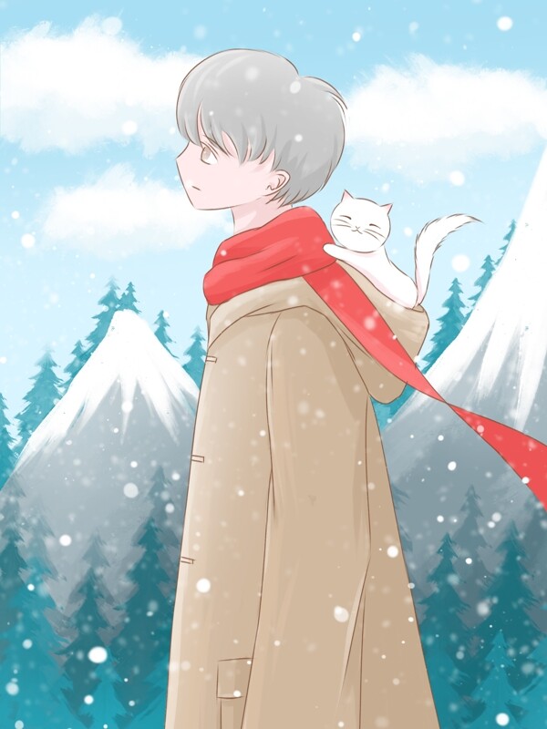 冬天你好小清新插画带小猫登山看雪的男孩
