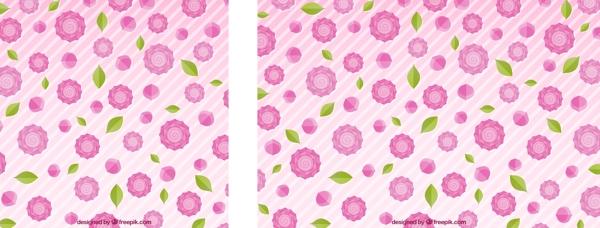 粉红色玫瑰绿叶图案条纹背景矢量设计素材