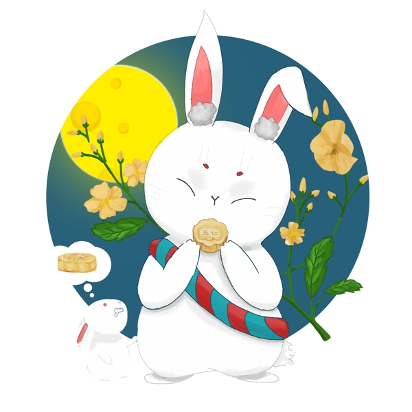 中秋节玉兔插画设计中秋原创商用白兔吃月饼两个兔子商用