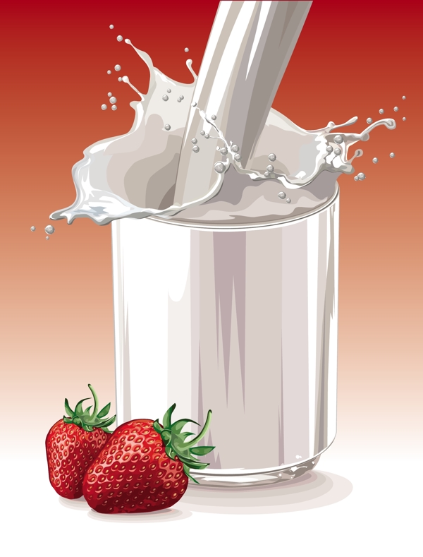 动感牛奶与草莓矢量素材