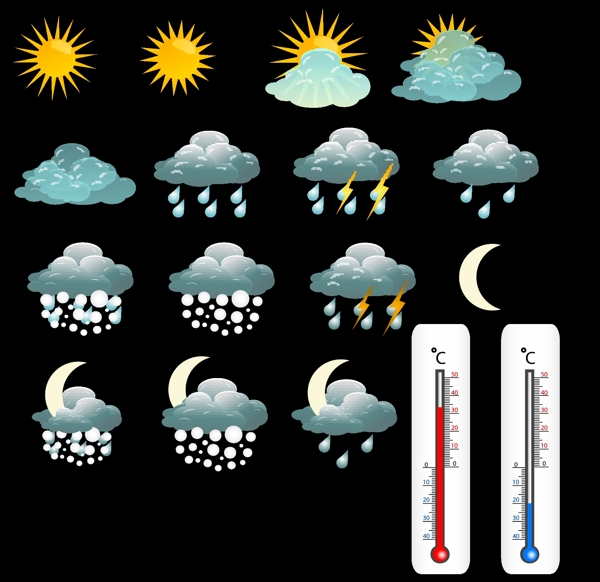 精致天气图标雨点雪花月亮雷电