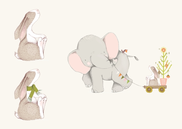 可爱卡通的大象和兔子插画