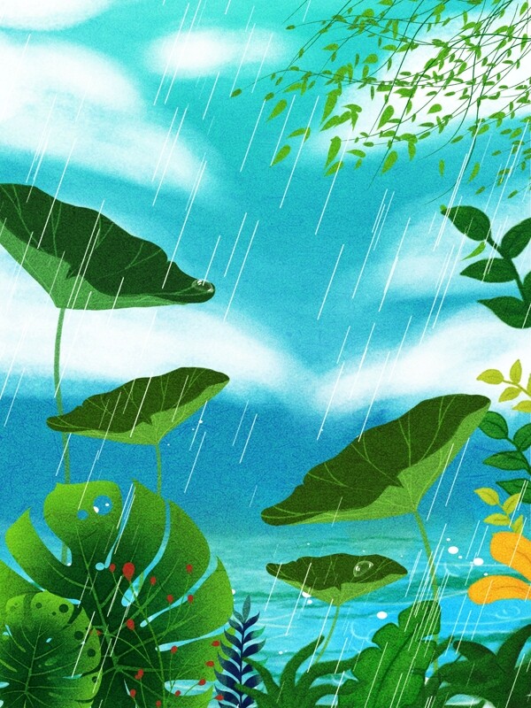 手绘二十四节气雨水绿叶背景设计