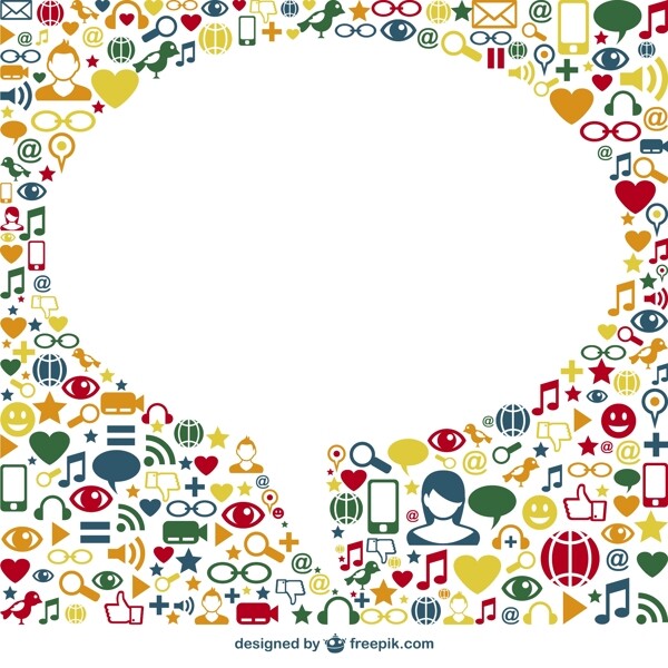 社交媒体图标围绕一个白色的语音泡沫