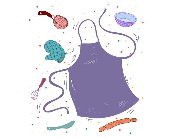 手绘紫色围裙厨房元素