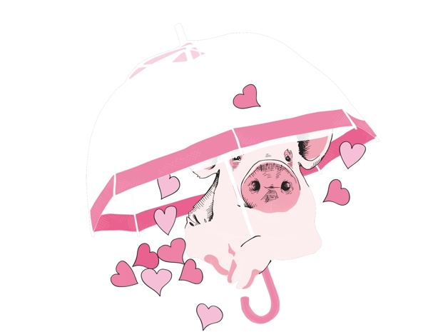 手绘卡通粉色小猪打伞元素