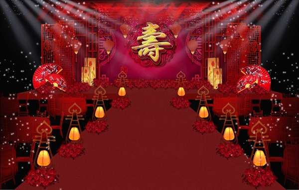 红色中国风中式寿宴舞台效果图