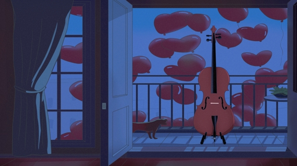 晚安你好夜晚阳台大提琴插画
