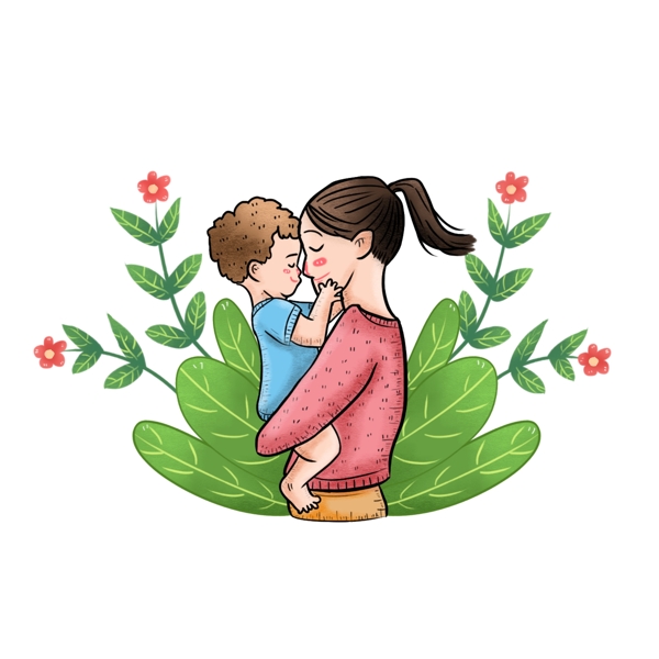 手绘风母亲节母亲抱着儿子的画面
